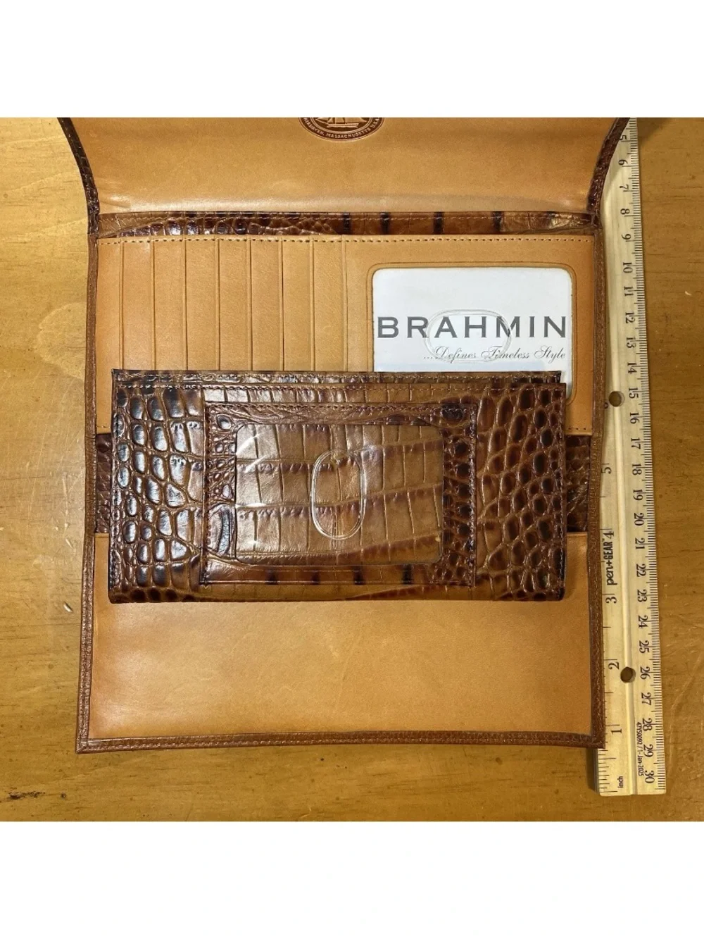 Brahmin Leather Tri-Fold Envelope Wallet Crocodile Brown Snap Zipper Checkbook